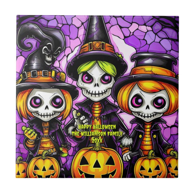 Namn-mentalvårdsår Spooky Skeleton Witch-familjen Kakelplatta (Framsidan)