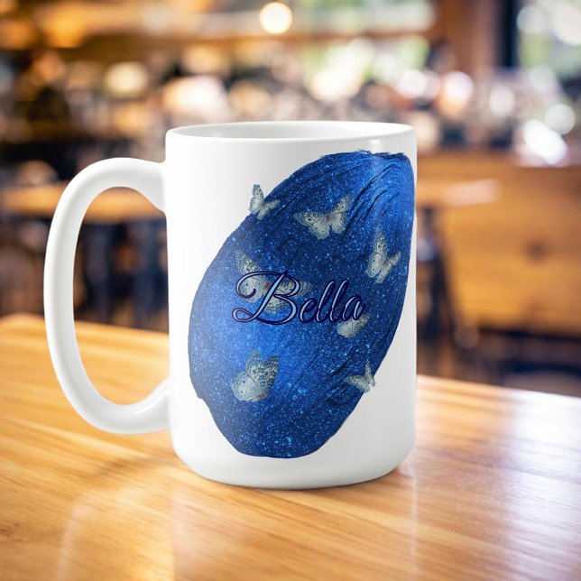 Namn Modern Shining Royal Blue med fjärilar Kaffemugg (Skapare uppladdad)