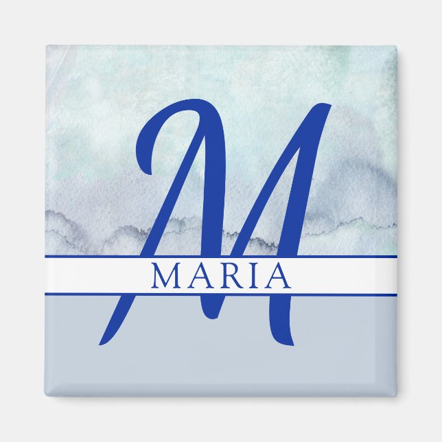 Namn | Monogram blå vattenfärg Magnet (Framsidan)