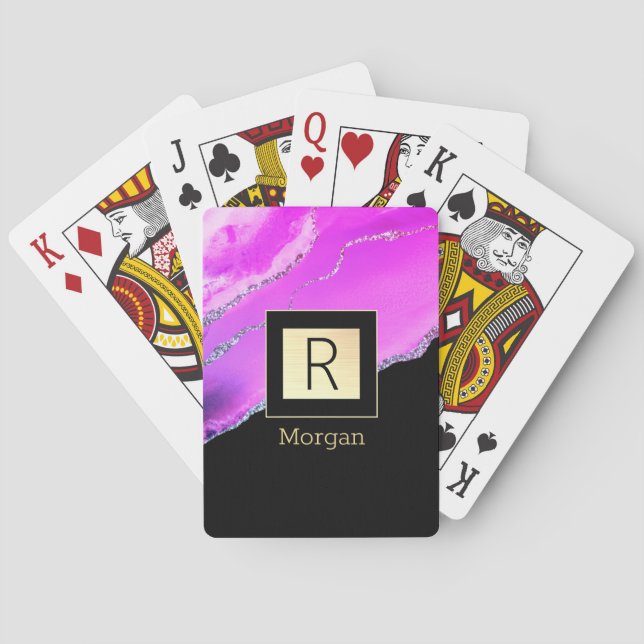 Namn & Monogram, Black & Guld Box, Lila Agate Casinokort (Baksidan)