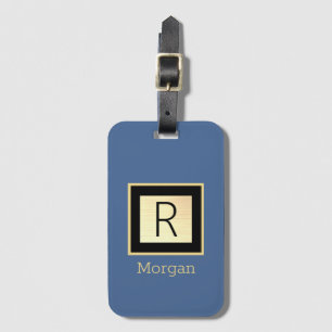 Namn & Monogram, Black & Guld Box, Med Blue Bagagebricka