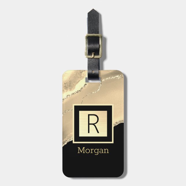 Namn & Monogram, Black & Guld Box och Agate Bagagebricka (Vertikal Framsida)