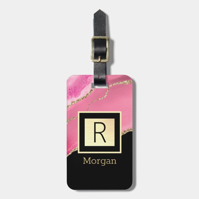 Namn & Monogram, Black & Guld Box, Rosa Agate Bagagebricka (Vertikal Framsida)