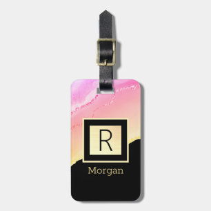 Namn & Monogram Black & Guld Box Rosa & Guld Agate Bagagebricka