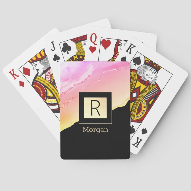 Namn & Monogram Black & Guld Box Rosa & Guld Agate Casinokort (Baksidan)