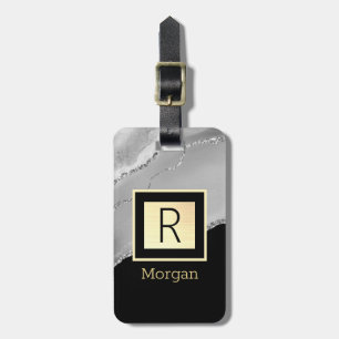 Namn & Monogram, Black & Guld Box, Silver Agate Bagagebricka