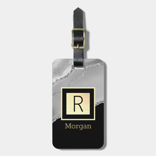 Namn & Monogram, Black & Guld Box, Silver Agate Bagagebricka (Vertikal Framsida)