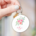 Namn Monogram Blommigt Nyckelring<br><div class="desc">Den här söt nyckelkedjan är dekorerad med en vattenfärgad bukett av ro och löv i nyanser av rosa,  korall och grönt. Enkelt anpassade. Ursprunglig vattenfärg © Michele Davies.</div>