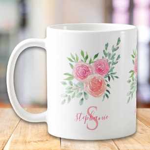 Namn Monogram Blommigt Rosa Kaffemugg