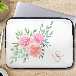 Namn Monogram Blommigt Vattenfärg Laptop Fodral