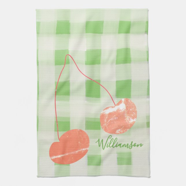 Namn Monogram Check Gingham Pastel Grönt Cherry Kökshandduk (Vertikal)