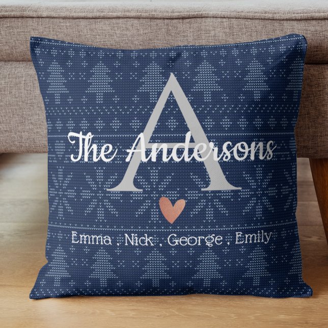 Namn Monogram för familjen elegant i Mönster Blue  Kudde (Elegant Blue Knit Pattern Family Name Monogram Throw Pillow)