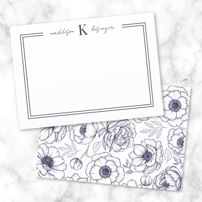 Namn Monogram för marin blå Blommigt Anteckningskort (Navy Blue Floral Name Monogram Note Card)