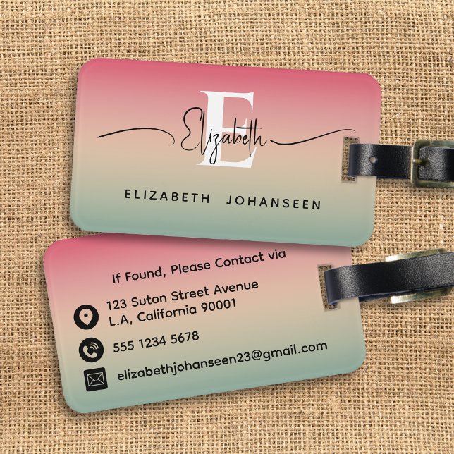 Namn Monogram för övertoningsskript för rosa Gult  Bagagebricka (Skapare uppladdad)