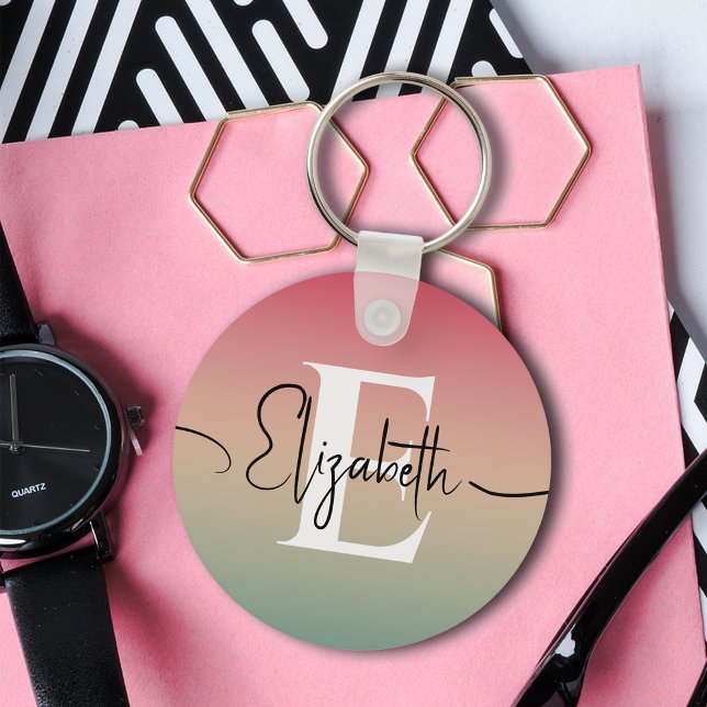 Namn Monogram för övertoningsskript för rosa Gult  Nyckelring (Skapare uppladdad)