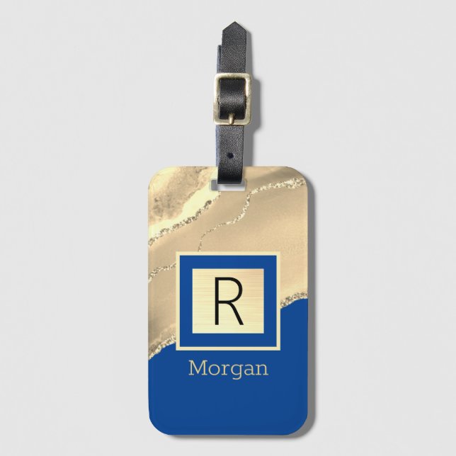 Namn & Monogram, Guld Agate, Deep Blue Bagagebricka (Framsida vertikal)