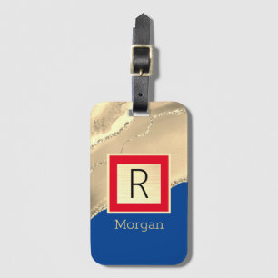Namn & Monogram, Guld Agate, Deep Blue & Red Bagagebricka