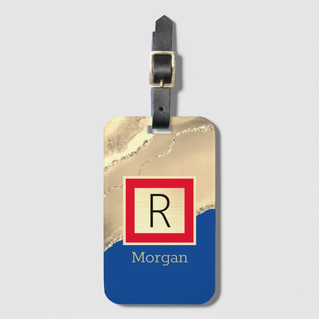 Namn & Monogram, Guld Agate, Deep Blue & Red Bagagebricka (Framsida vertikal)