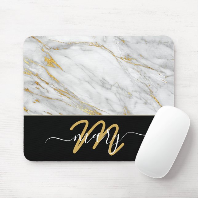 Namn Monogram Marble Golden Strokes Back White Musmatta (Med mus)