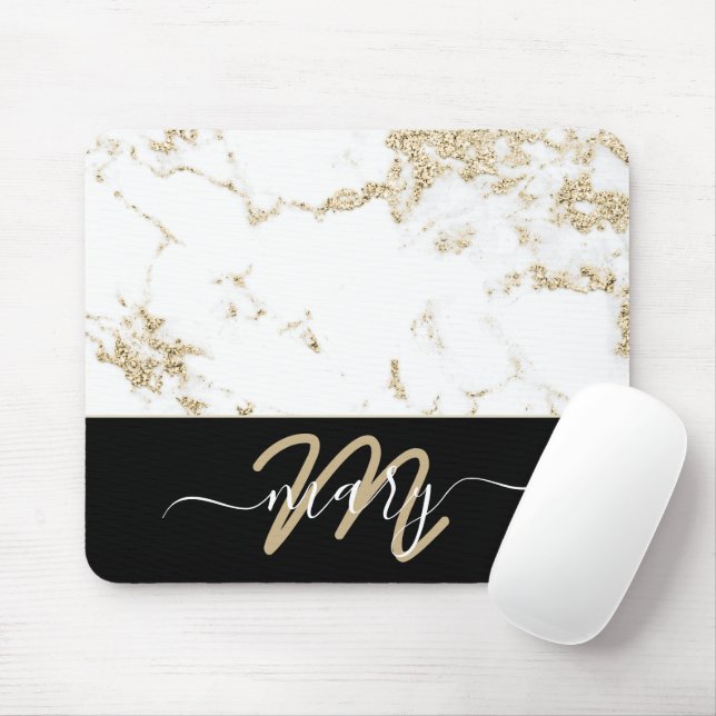 Namn Monogram Marble Guld Elegant Back White Musmatta (Med mus)