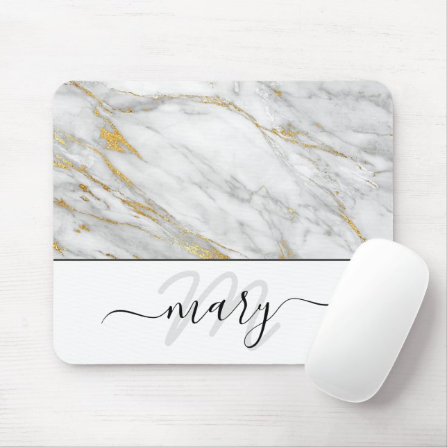 Namn Monogram Marble Guld Grått White Abstrakt Musmatta (Med mus)