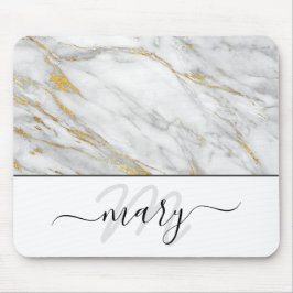 Namn Monogram Marble Guld Grått White Abstrakt Musmatta