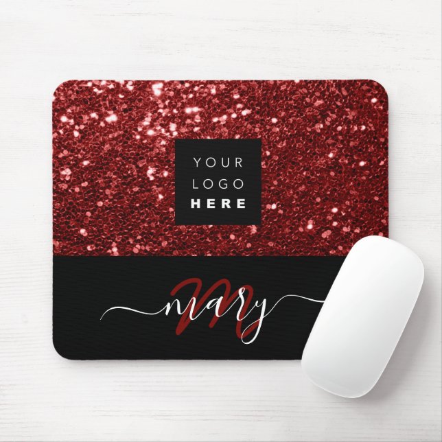 Namn Monogram, minsta Burgundy Glitter Logotyp Musmatta (Med mus)