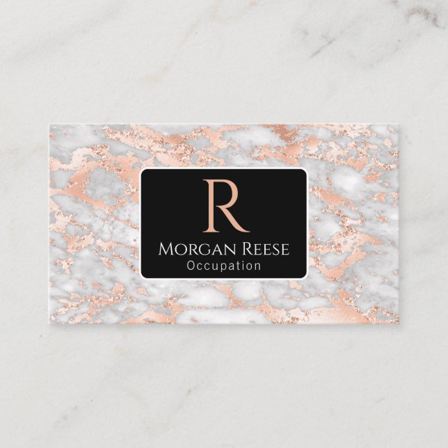 Namn/Monogram, QR-kod, Grå/Roséguldmarmor, Vs3 Visitkort (Framsida)