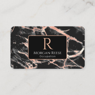 Namn & Monogram, QR-kod, Svart & Ro Guld Marble Visitkort