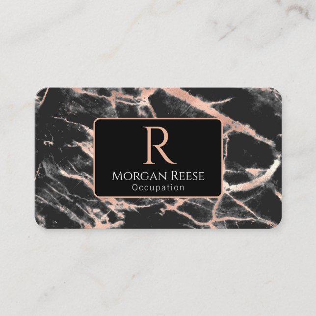 Namn & Monogram, QR-kod, Svart & Ro Guld Marble Visitkort (Framsida)