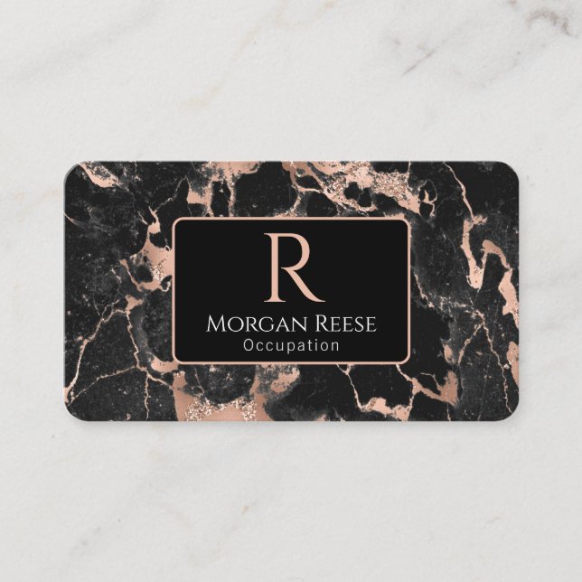Namn/Monogram, QR-kod, Svart/Roséguld Marmor Vs2 Visitkort (Framsida)