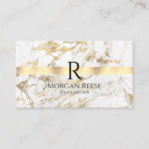 Namn & Monogram, QR-kod, White & Guld Marble Visitkort