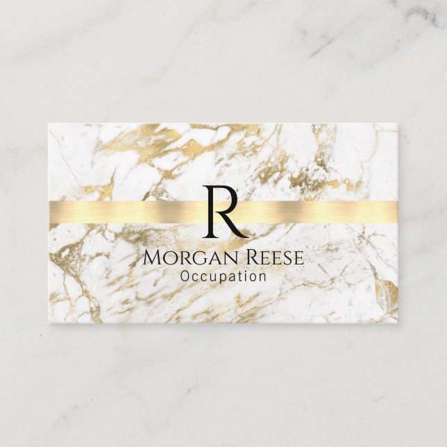 Namn & Monogram, QR-kod, White & Guld Marble Visitkort (Framsida)