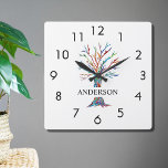 Namn monogram regnbåge på Träd-torgen Fyrkantig Klocka<br><div class="desc">Denna snyggt Wall Clock är dekorerad med ett färglöst mosaiskt träd.
Anpassade enkelt med ditt namn eller monogram.
Eftersom vi skapar vår egen teckning kommer du inte att hitta just den här bilden från andra designers.
Original Mosaic © Michele Davies.</div>