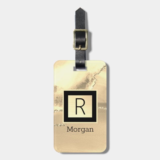 Namn & Monogram, Svart & Guld Box  Bagagebricka (Vertikal Framsida)
