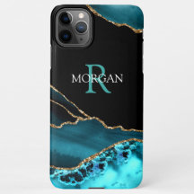 Namn & Monogram, Teal Black Agate, White Teal Text