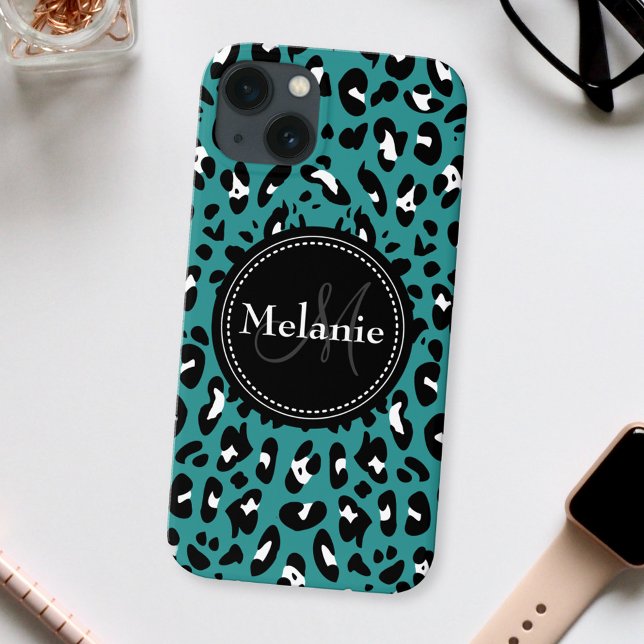 Namn Monogram Teal Black White Leopard Mönster (Skapare uppladdad)