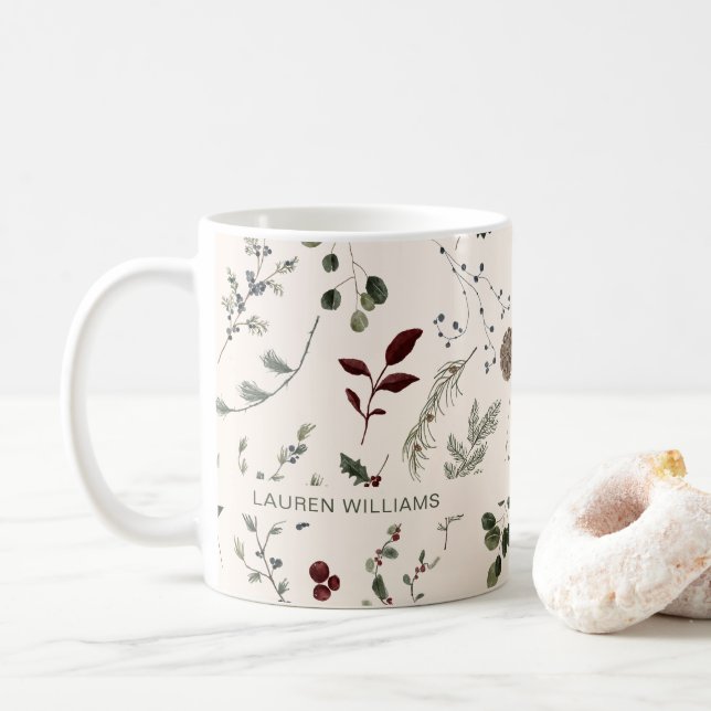 Namn Monogram Winter Wildblomma Mönster Kaffemugg (Med munk)