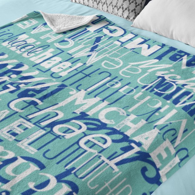 Namn Mönster Teal Blue Typography Stamped Allover Fleecefilt (Skapare uppladdad)