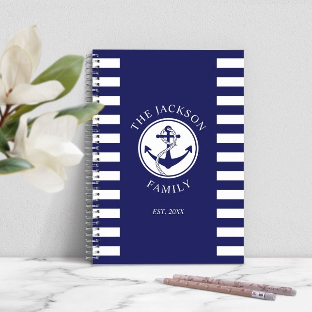 Namn Nautical Anchor Blue Rand Mönster Anteckningsbok (Family Name Nautical Anchor Blue Stripes Pattern Notebook)