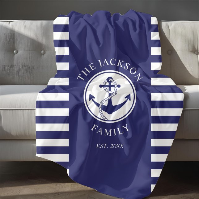 Namn Nautical Anchor Blue Rand Mönster Fleecefilt (Family Name Nautical Anchor Blue Stripes Pattern Fleece Blanket)
