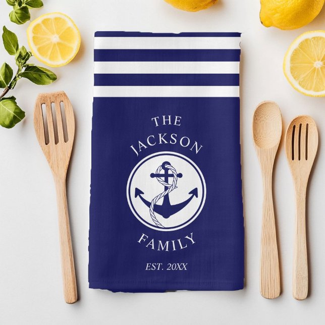 Namn Nautical Anchor Blue Rand Mönster Kökshandduk (Family Name Navy Blue Nautical Anchor Kitchen Towel)