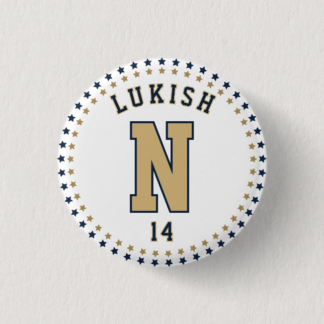 Namn Number Stars Navy Blue och Guld Veteran Knapp (Framsida)