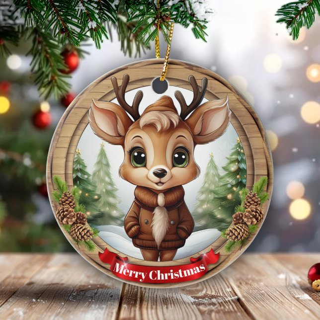 Namn Nyckfull Ren Rustik Julgran 🦌🎄 Julgransprydnad Keramik (Custom Name Whimsical Reindeer Rustic Xmas Deer with Antler Animal Holiday Tree ceramic ornament🦌🎄)