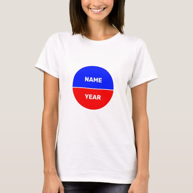 Namn och år på blå och röd cirkel t shirt (Framsida)