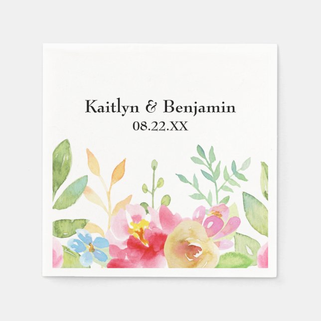 Namn och datum med/färgstarka vattenfärgsblommor pappersservett (Framsidan)