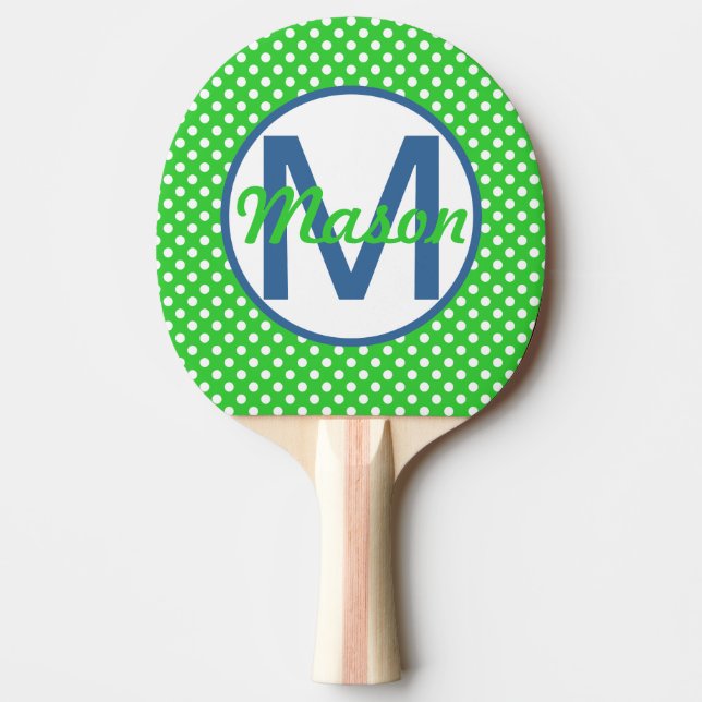 Namn och initial, prickar med blå och grön pingisracket (Framsidan)