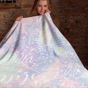 Namn om Rosa Bluish Watercolor med Musik noter Fleecefilt