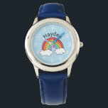 Namn över regnbågen armbandsur<br><div class="desc">Ljusstark och färglös regnbågsdesign personlig med ditt barns namn.</div>