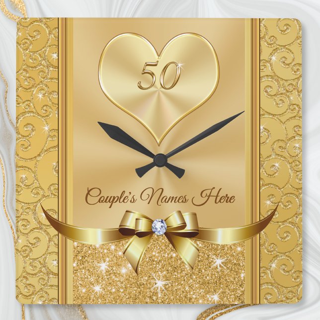 Namn på 50-årsjubileet Clock Fyrkantig Klocka (50th wedding anniversary wall clock. Wonderful, golden anniversary gift ideas for friends, couple.)